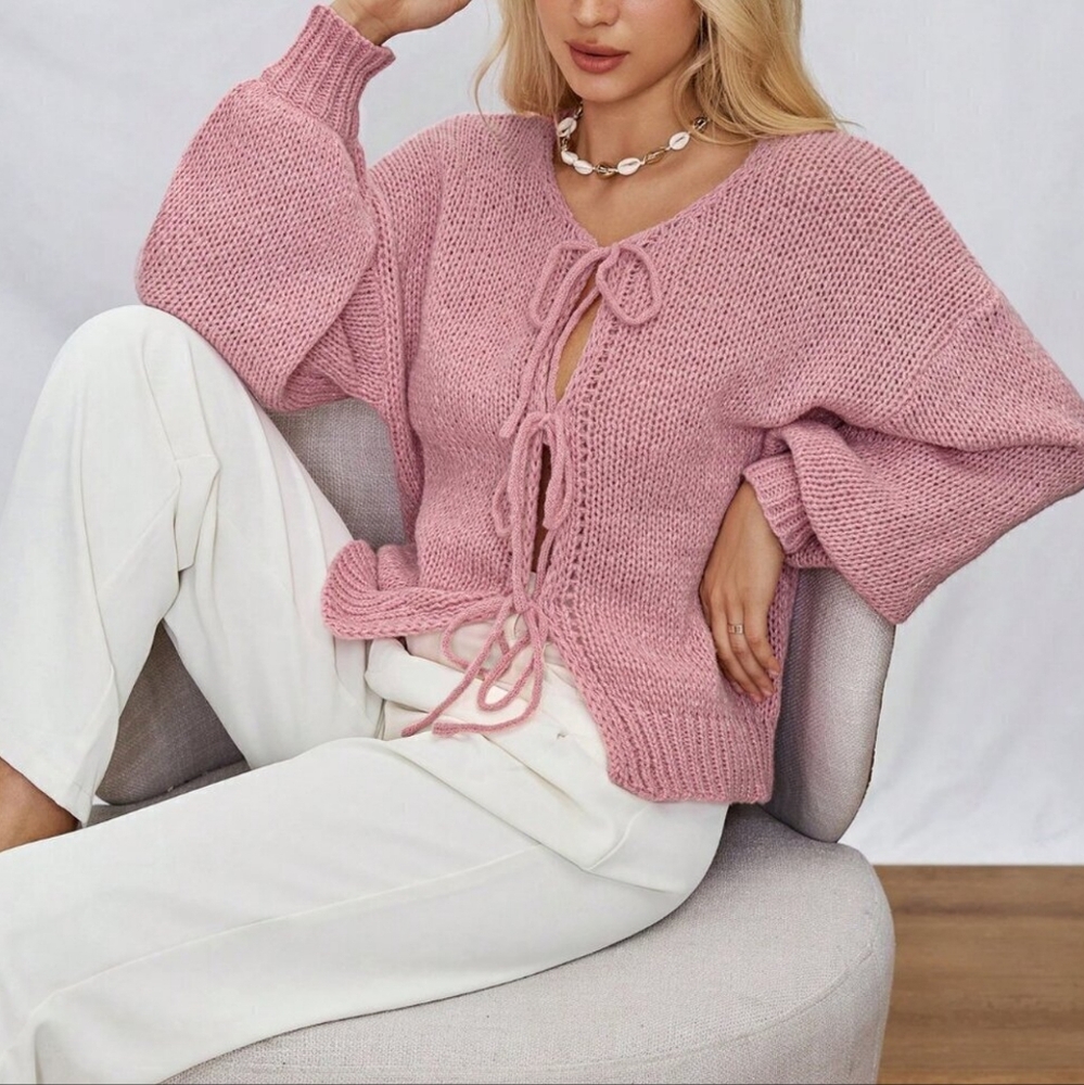 Pink Casual Women's Tie Front Belt Solid Blush Color Knitwear Sweater Cardigan - Picture 6 of 6